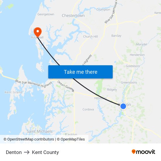 Denton to Kent County map