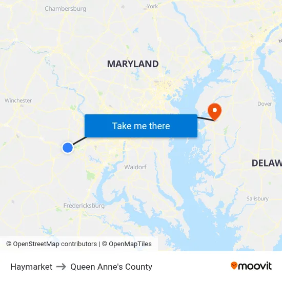 Haymarket to Queen Anne's County map
