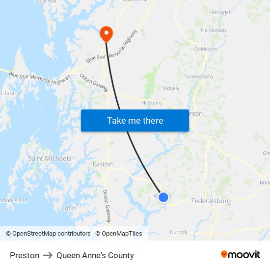 Preston to Queen Anne's County map