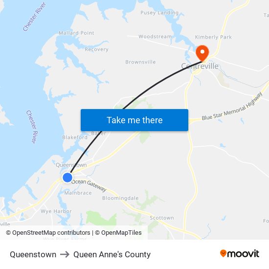 Queenstown to Queen Anne's County map