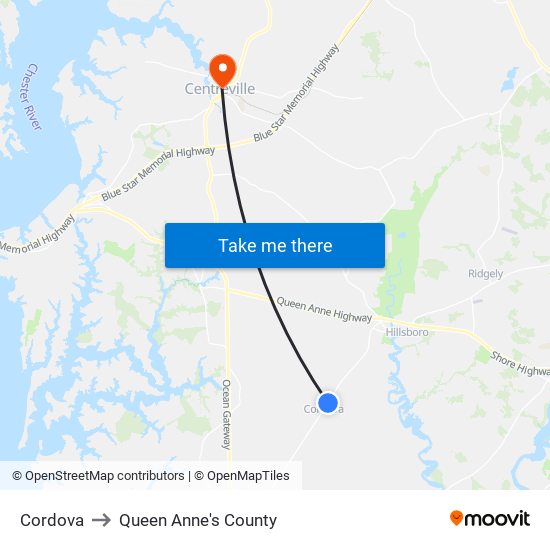 Cordova to Queen Anne's County map