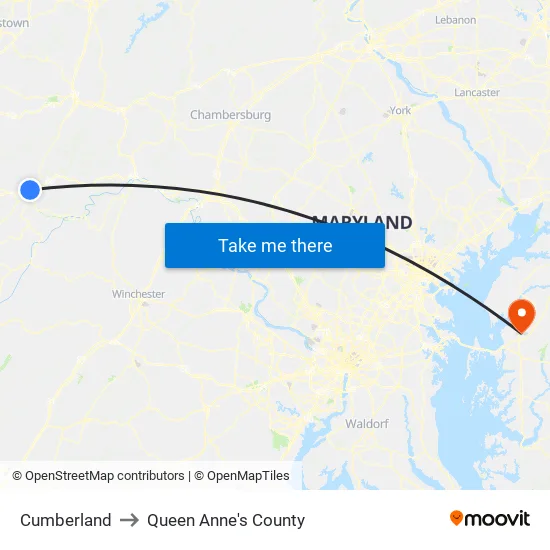 Cumberland to Queen Anne's County map