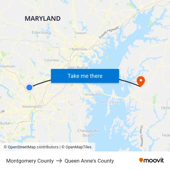 Montgomery County to Queen Anne's County map