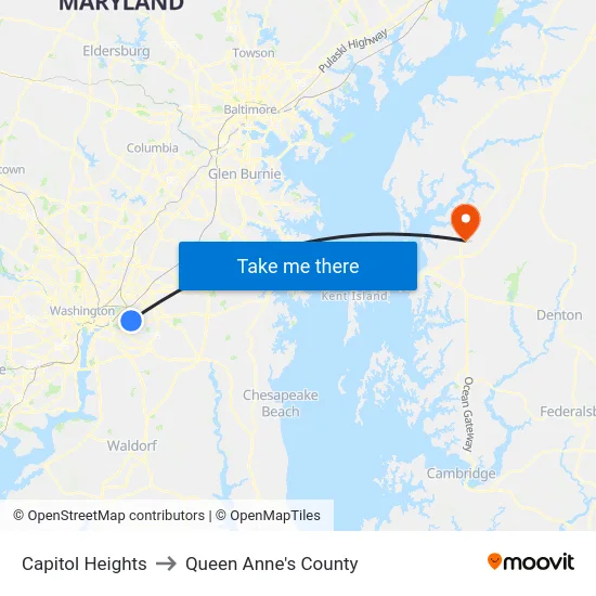 Capitol Heights to Queen Anne's County map