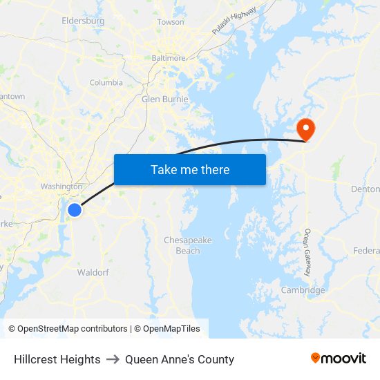 Hillcrest Heights to Queen Anne's County map