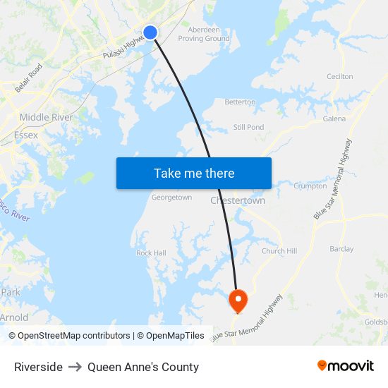 Riverside to Queen Anne's County map