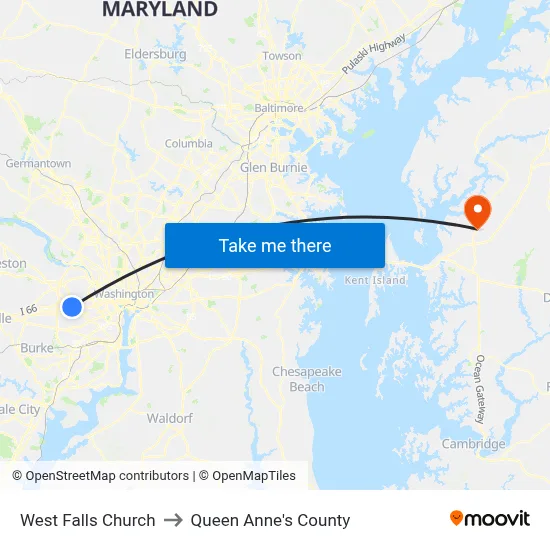 West Falls Church to Queen Anne's County map