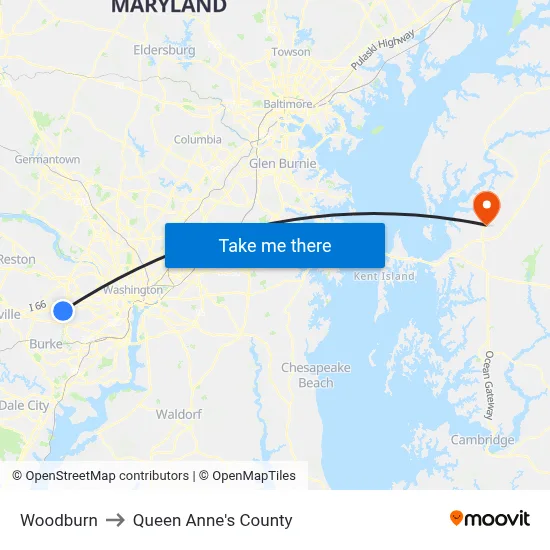Woodburn to Queen Anne's County map