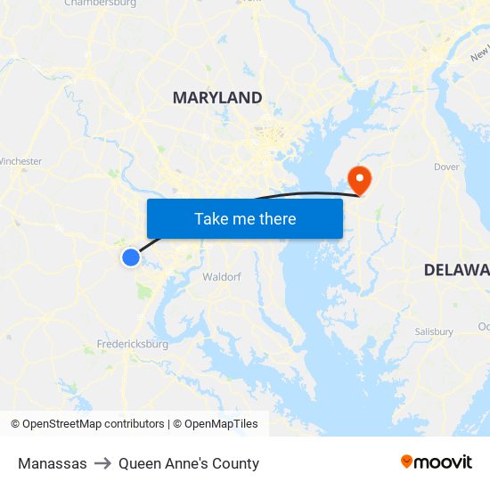 Manassas to Queen Anne's County map