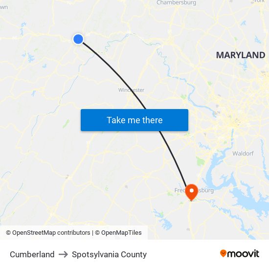 Cumberland to Spotsylvania County map