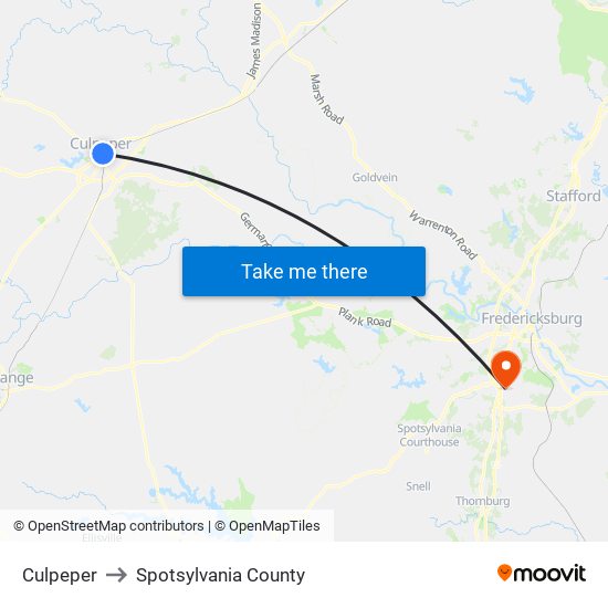 Culpeper to Spotsylvania County map