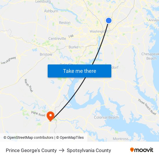 Prince George's County to Spotsylvania County map