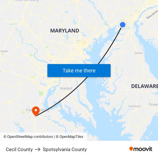 Cecil County to Spotsylvania County map