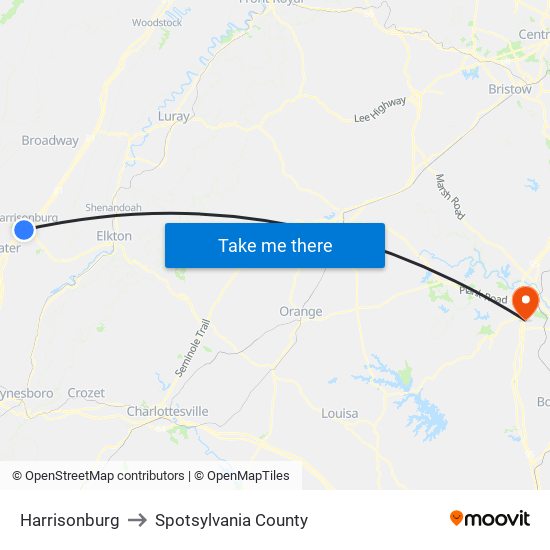 Harrisonburg to Spotsylvania County map