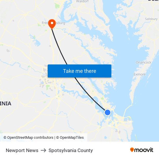 Newport News to Spotsylvania County map