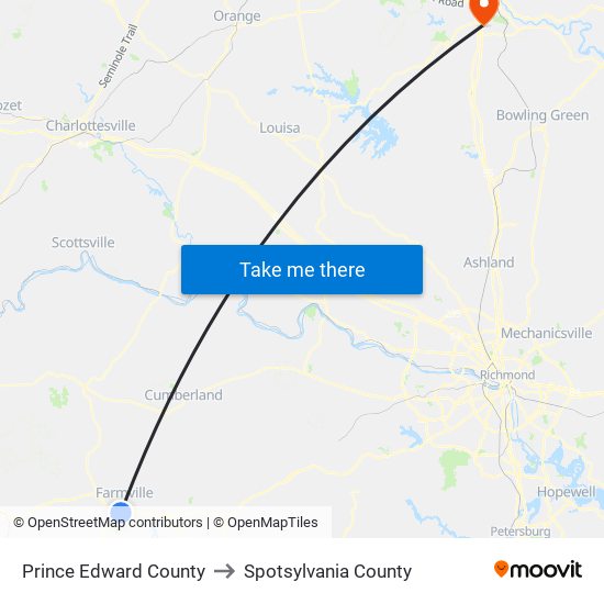 Prince Edward County to Spotsylvania County map