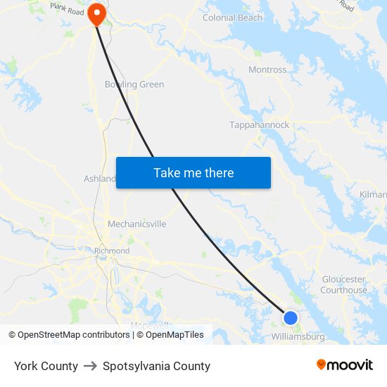 York County to Spotsylvania County map