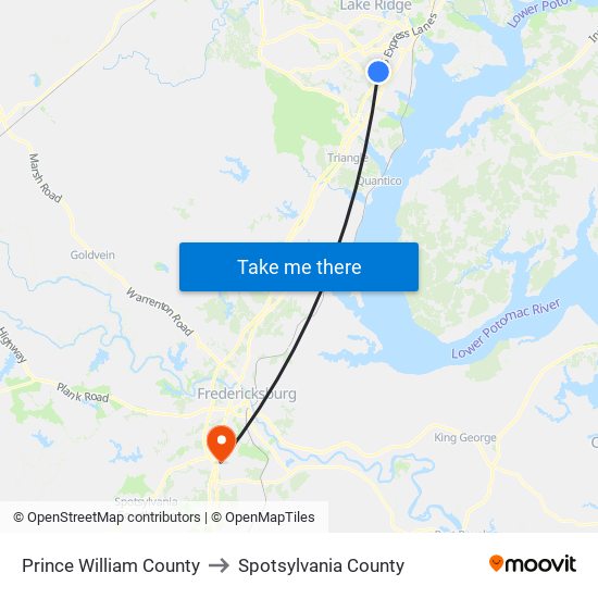 Prince William County to Spotsylvania County map