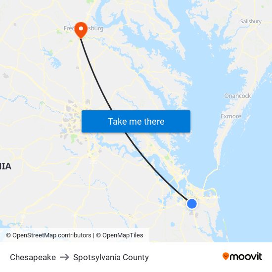 Chesapeake to Spotsylvania County map