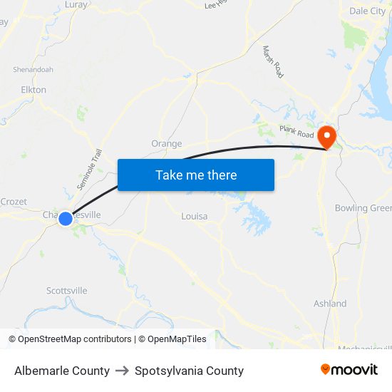 Albemarle County to Spotsylvania County map