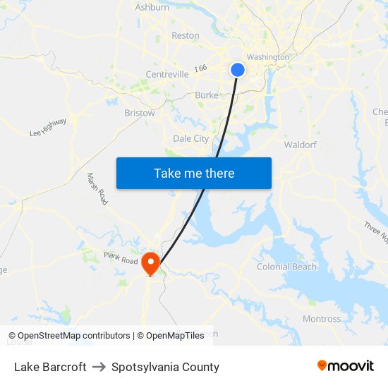 Lake Barcroft to Spotsylvania County map