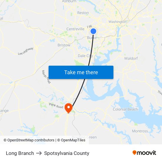 Long Branch to Spotsylvania County map