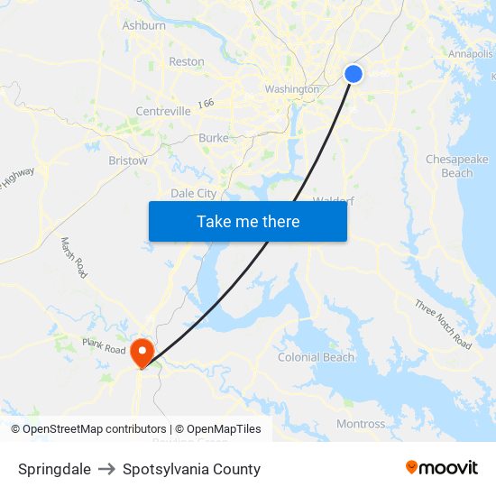 Springdale to Spotsylvania County map