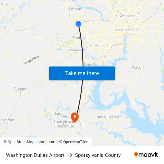 Washington Dulles Airport to Spotsylvania County map
