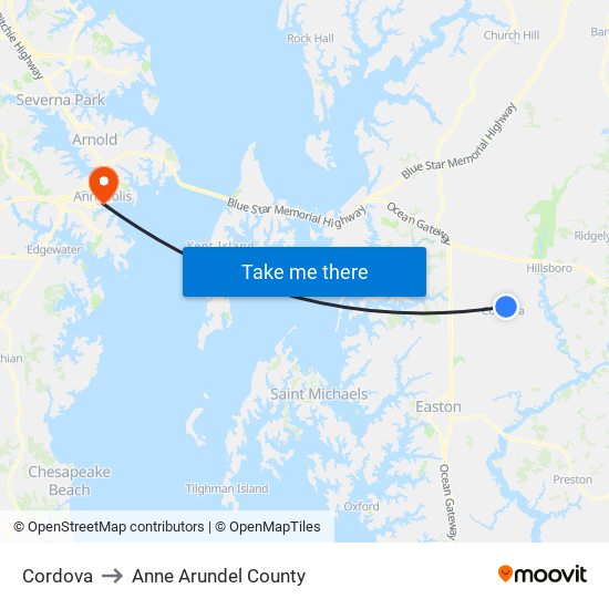 Cordova to Anne Arundel County map