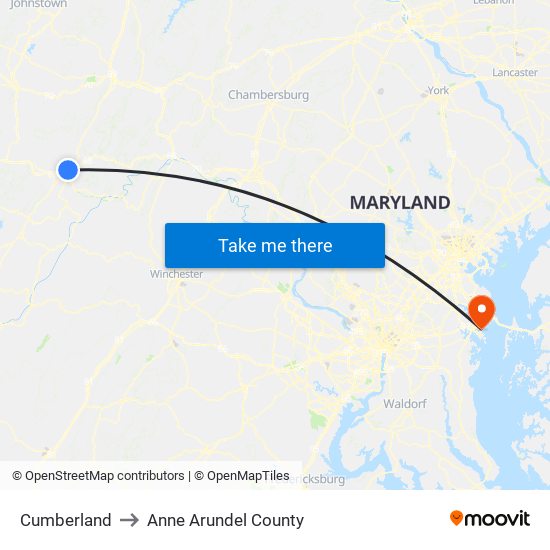 Cumberland to Anne Arundel County map