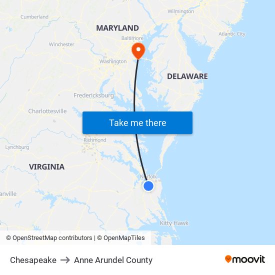 Chesapeake to Anne Arundel County map