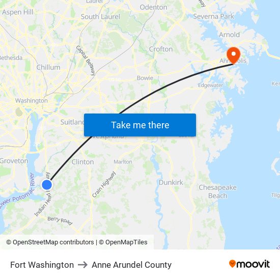 Fort Washington to Anne Arundel County map