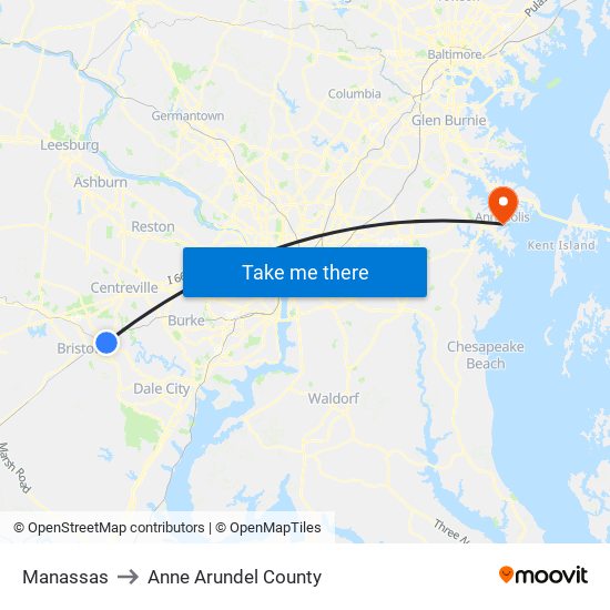 Manassas to Anne Arundel County map