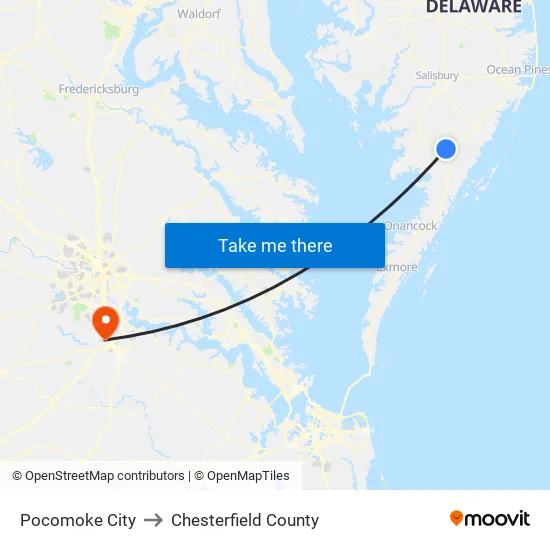 Pocomoke City to Chesterfield County map