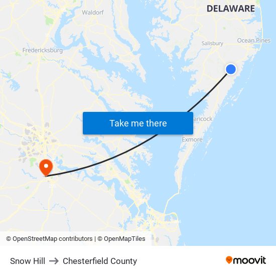 Snow Hill to Chesterfield County map