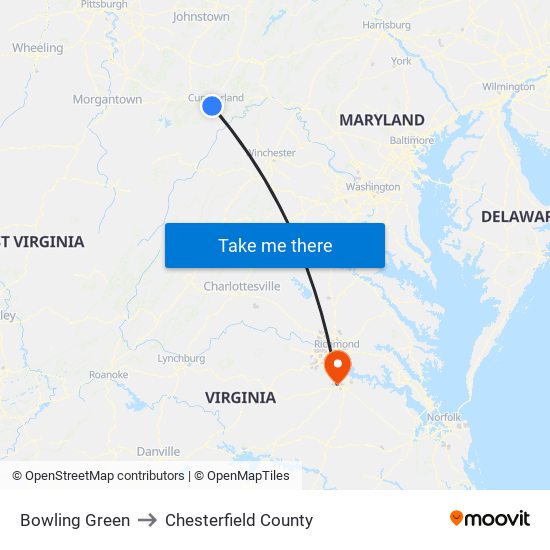 Bowling Green to Chesterfield County map