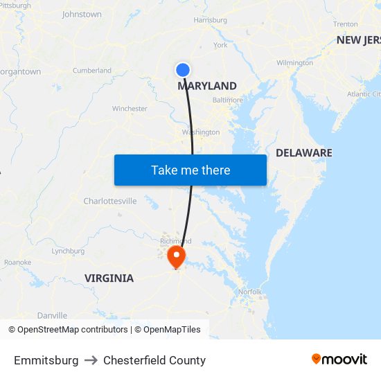 Emmitsburg to Chesterfield County map