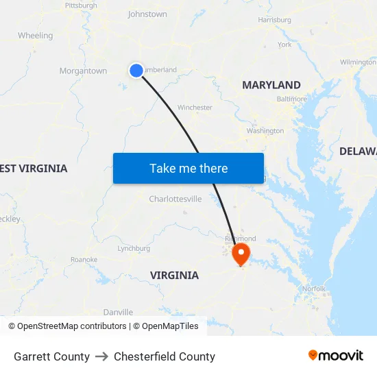 Garrett County to Chesterfield County map