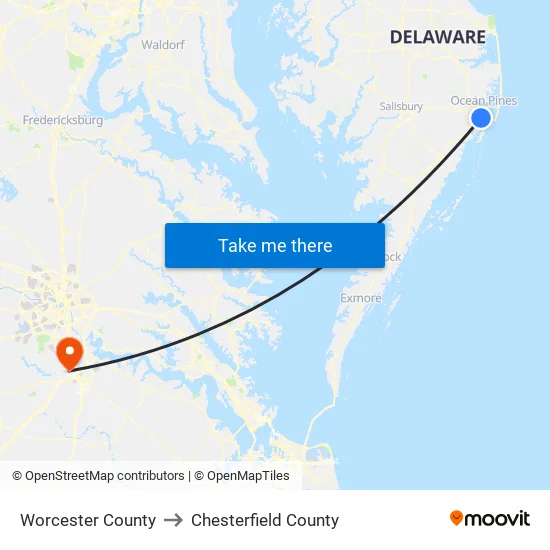 Worcester County to Chesterfield County map