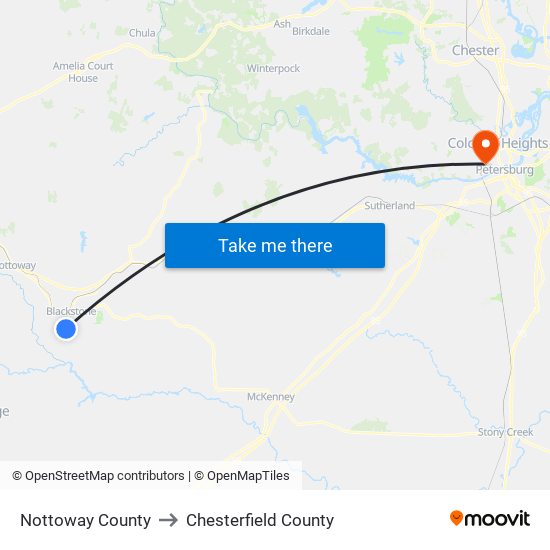 Nottoway County to Chesterfield County map