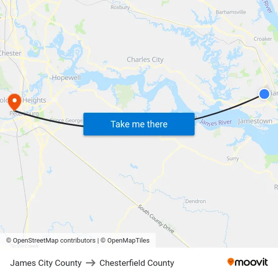 James City County to Chesterfield County map