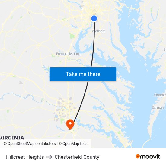 Hillcrest Heights to Chesterfield County map