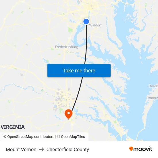 Mount Vernon to Chesterfield County map