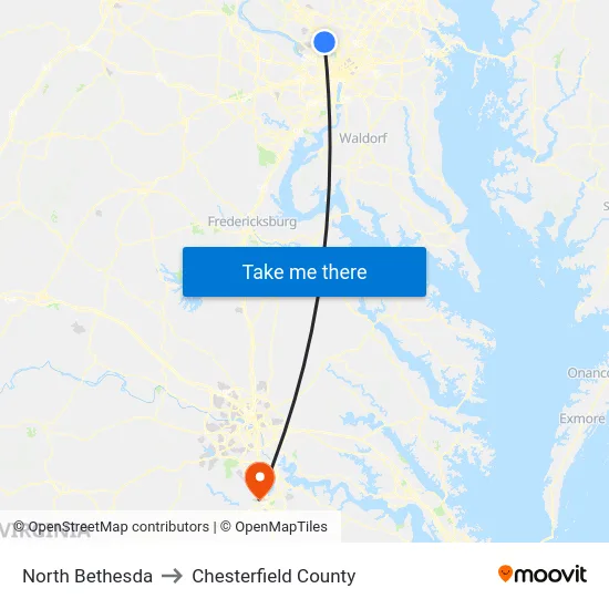 North Bethesda to Chesterfield County map