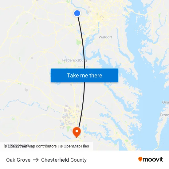 Oak Grove to Chesterfield County map