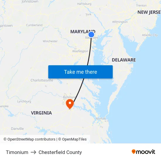 Timonium to Chesterfield County map