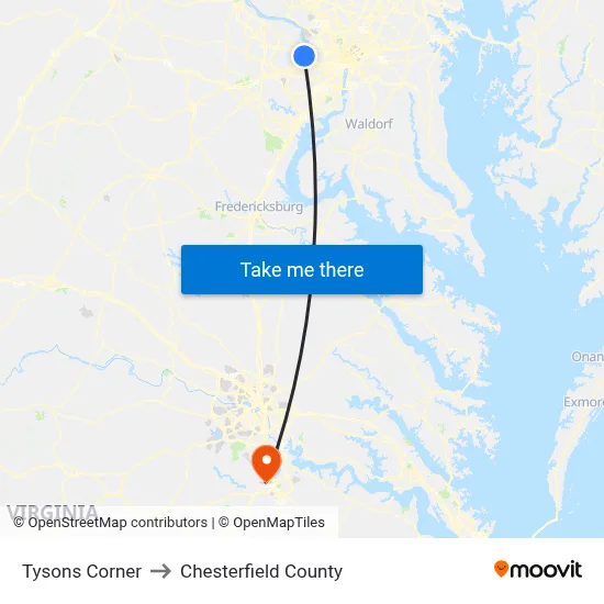 Tysons Corner to Chesterfield County map