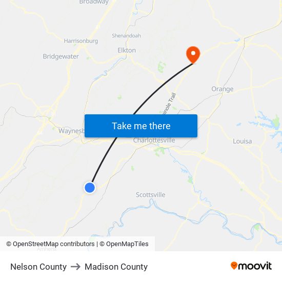 Nelson County to Madison County map