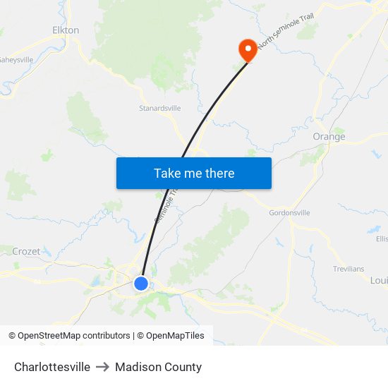 Charlottesville to Madison County map