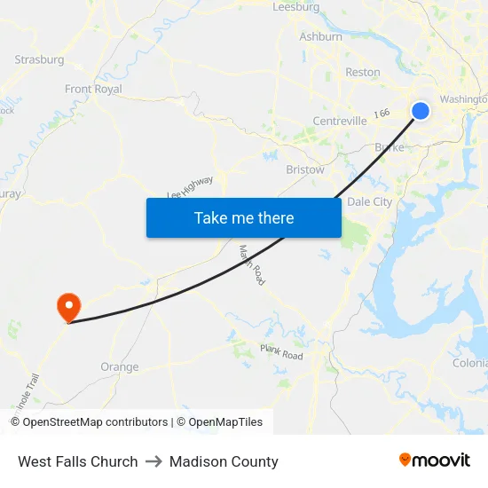 West Falls Church to Madison County map